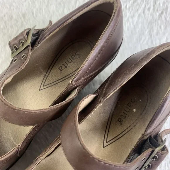 Sanita Womens Nyla Brown Leather Round Toe Wedge Heel Buckle Mary Jane Shoes 38 - Picture 10 of 16